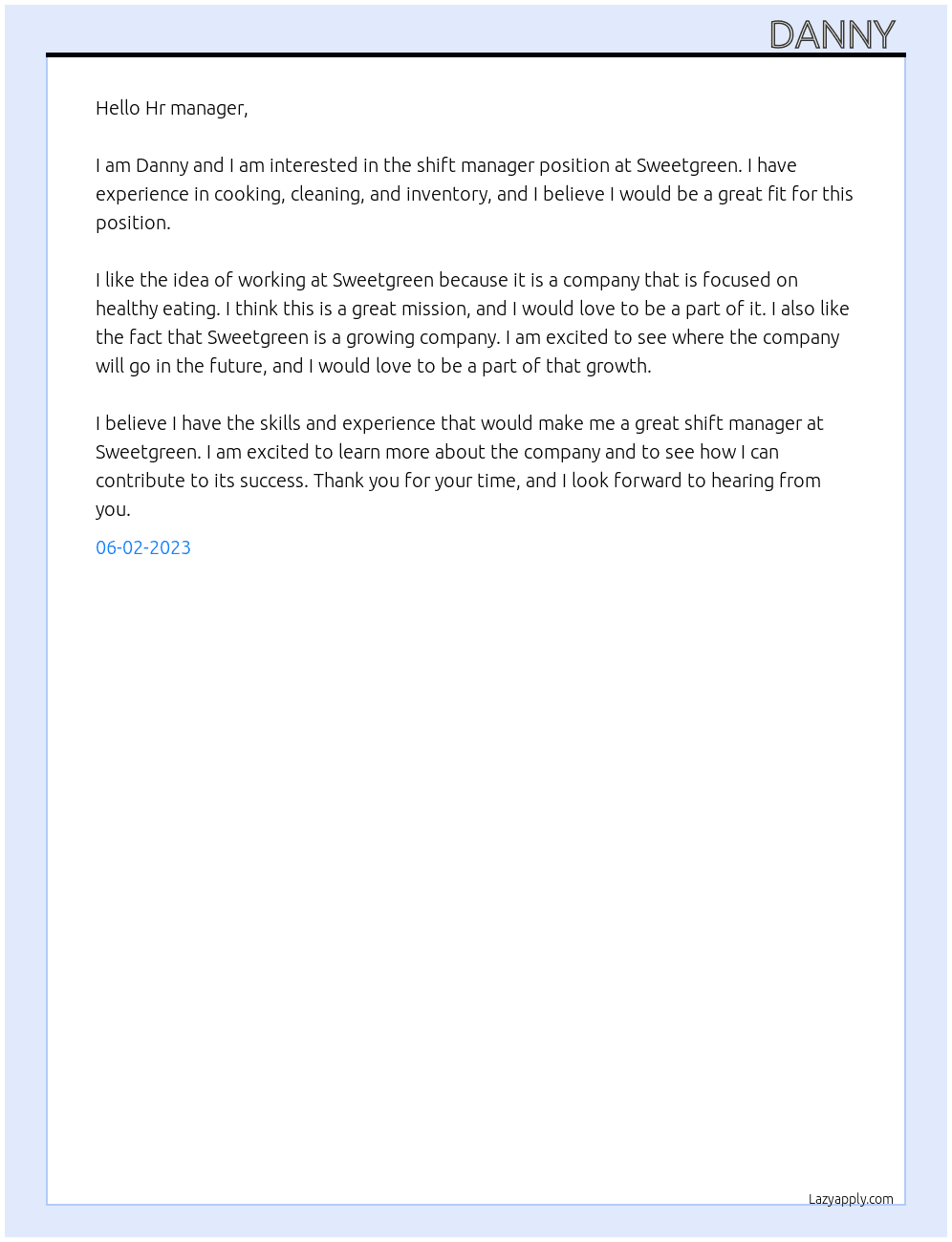 Shift manager At Sweetgreen Cover Letter