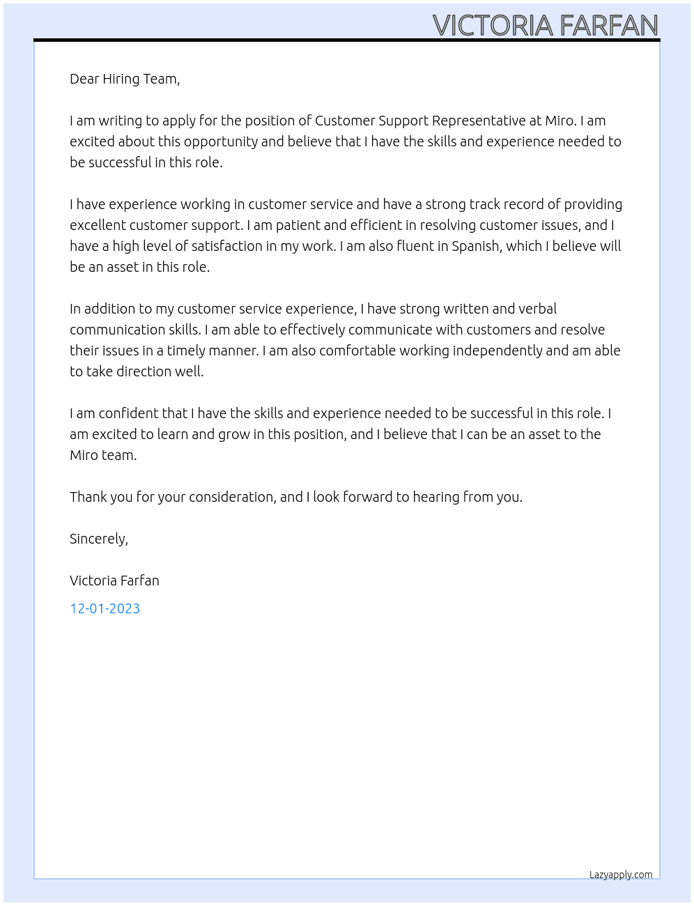 Customer Support Representative  At Miro Cover Letter