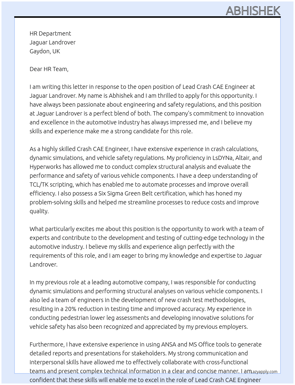 Lead Crash CAE Engineer At Jaguar Landrover Cover Letter