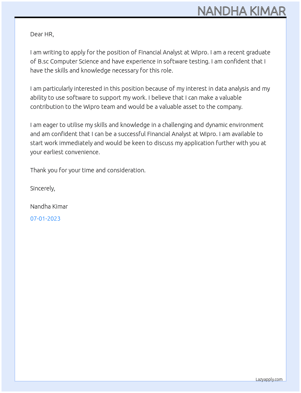 Financial analyst  At Wipro Cover Letter
