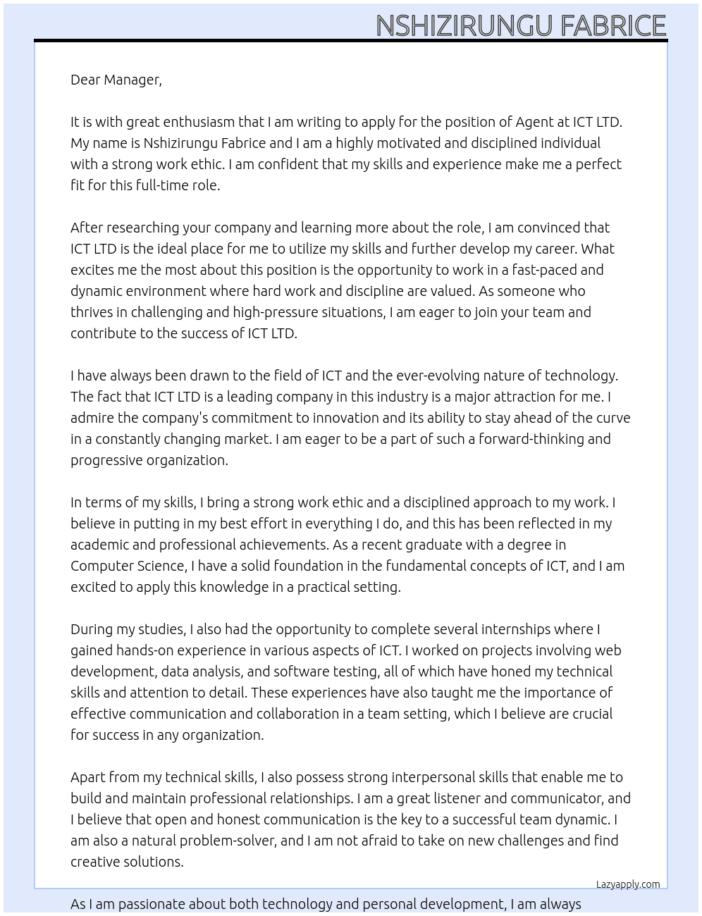 Agent  At ICT LTD Cover Letter
