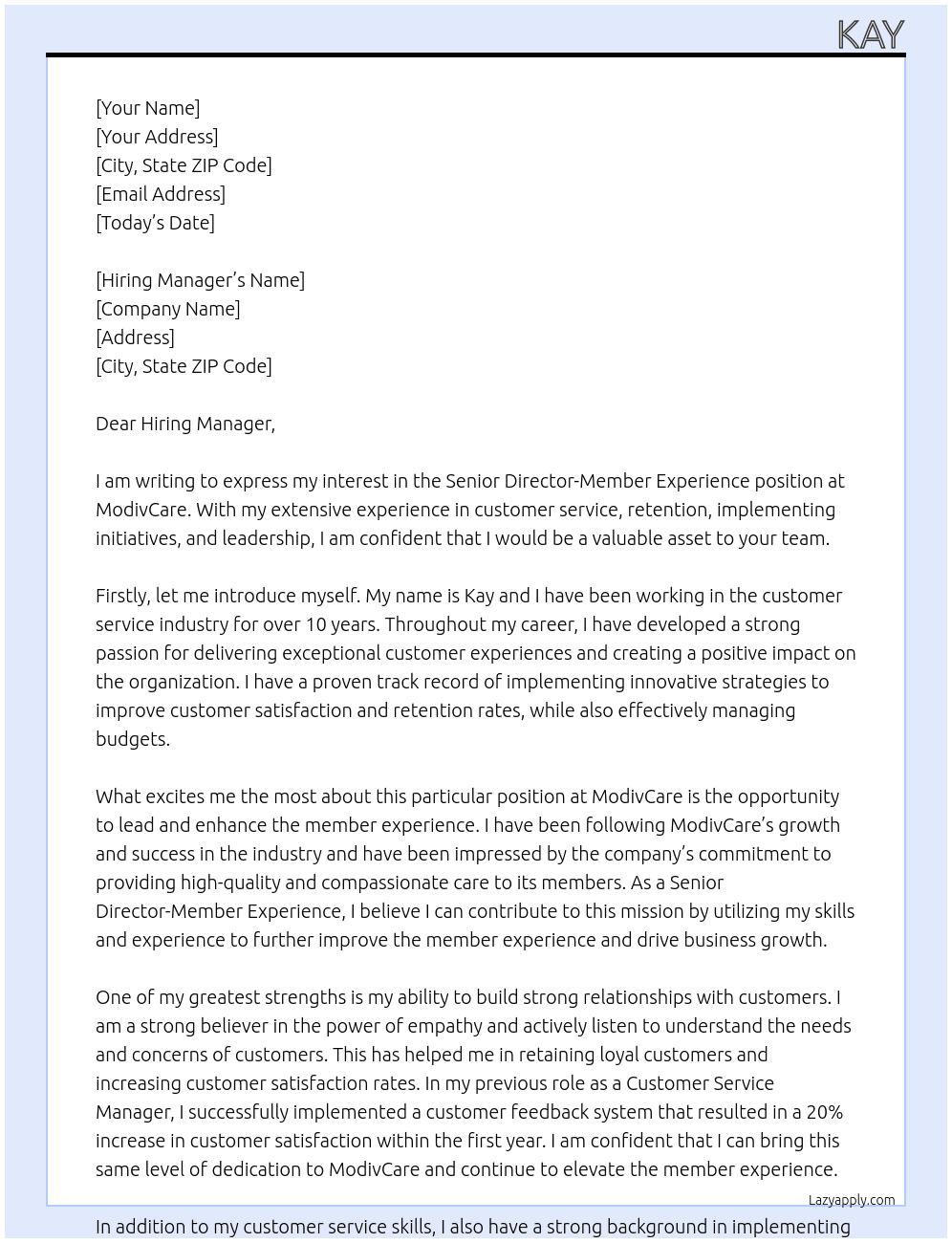 Senior Director-Member Experience  At ModivCare Cover Letter
