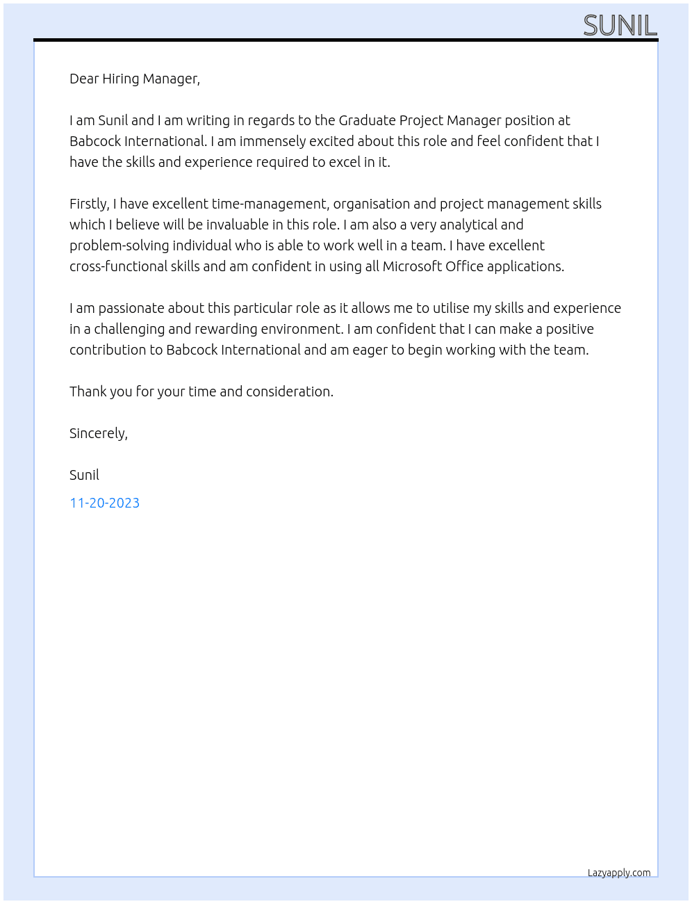 Graduate Project Manager At Babcock International  Cover Letter