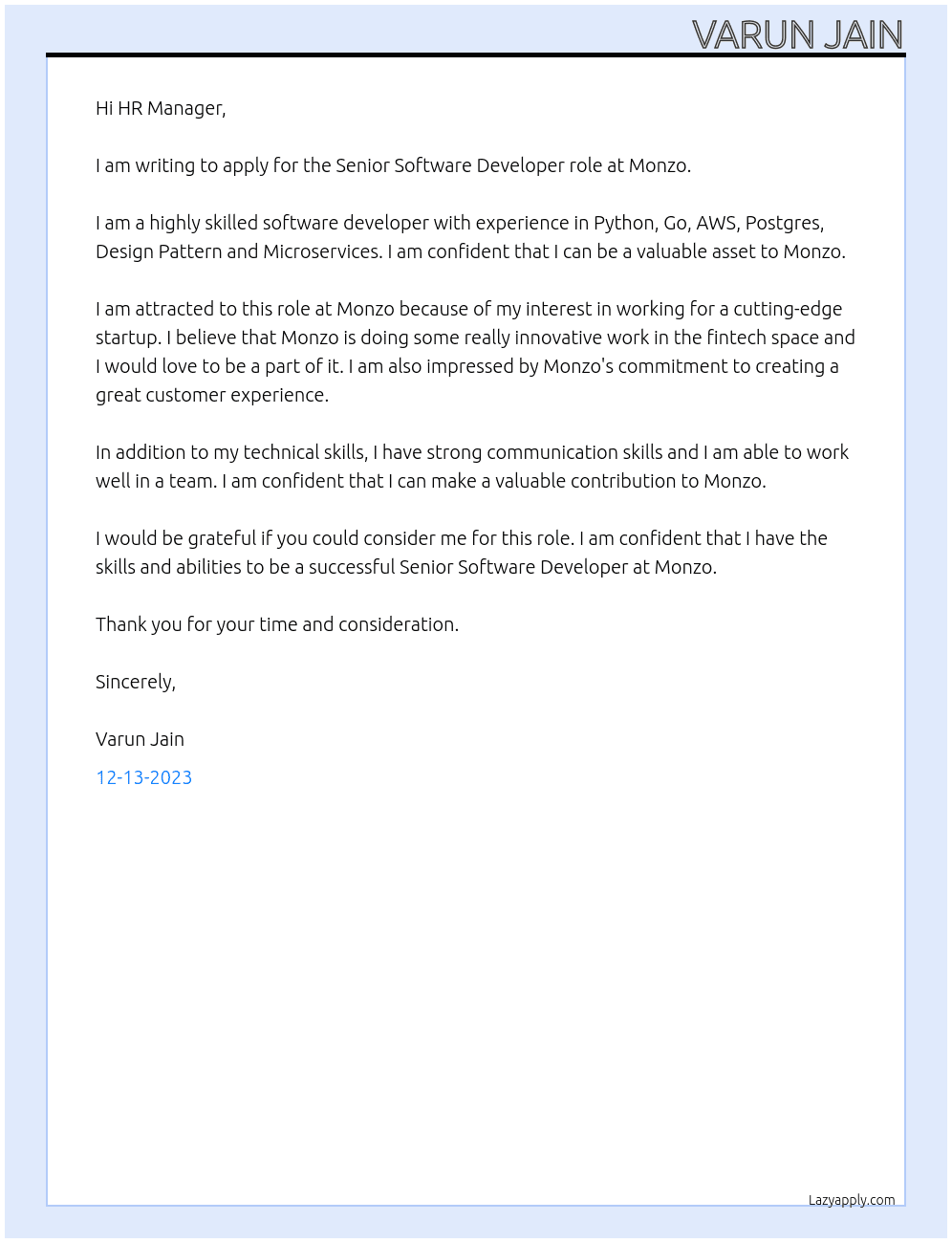 Senior Software Developer At Monzo Cover Letter