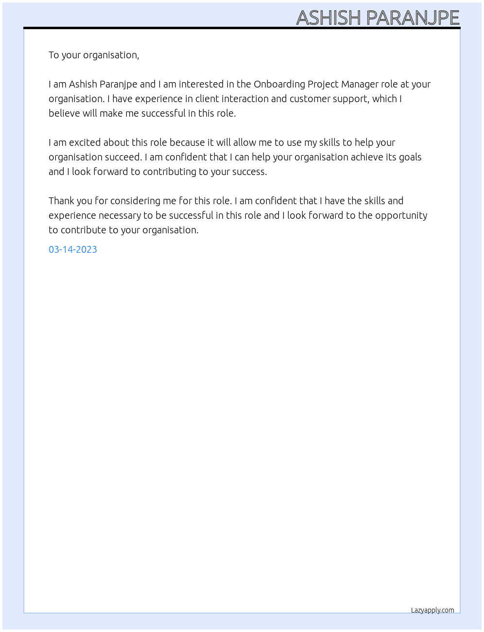 Onboarding Project Manager At To your organisation Cover Letter