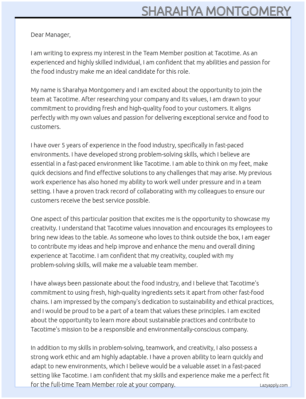 team member At tacotime Cover Letter