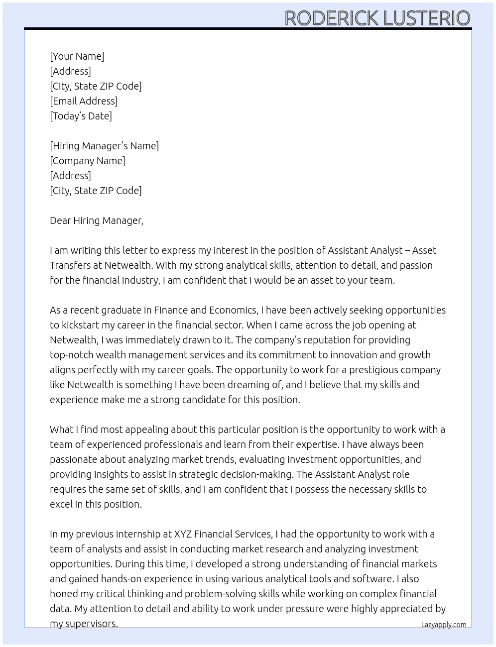 Assistant Analyst - Asset Transfers At Netwealth Cover Letter