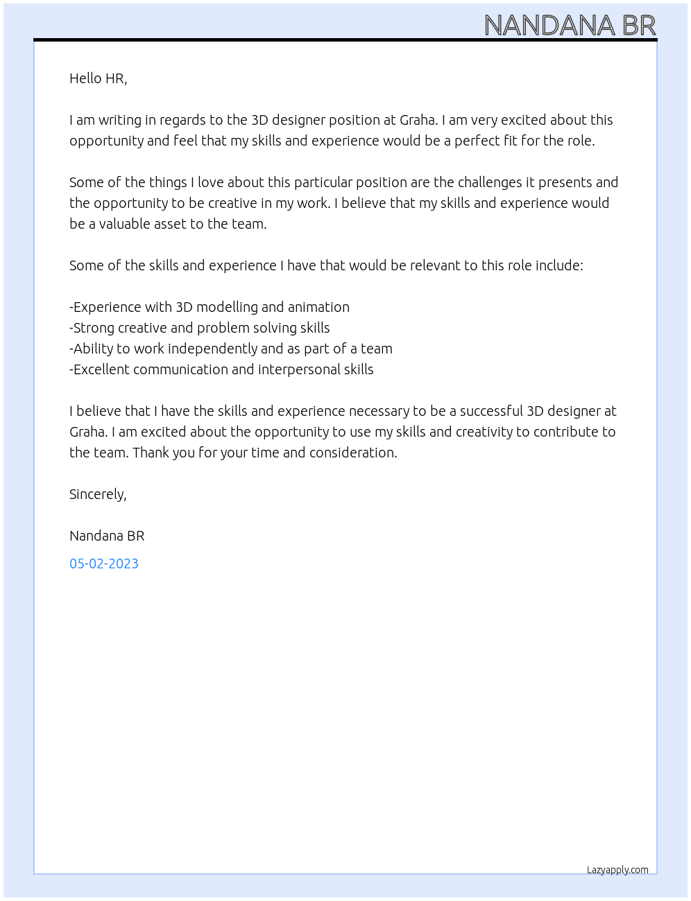 3d designer At graha Cover Letter