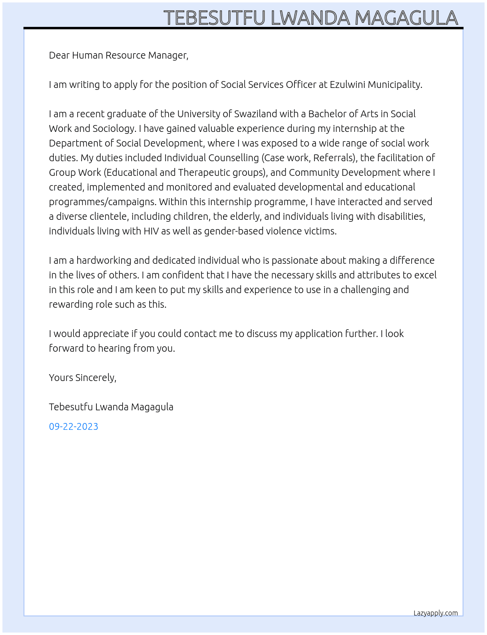 Social services officer At Ezulwini Municipality  Cover Letter