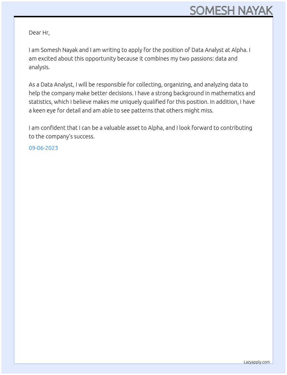Data Analyst At Alpha Cover Letter