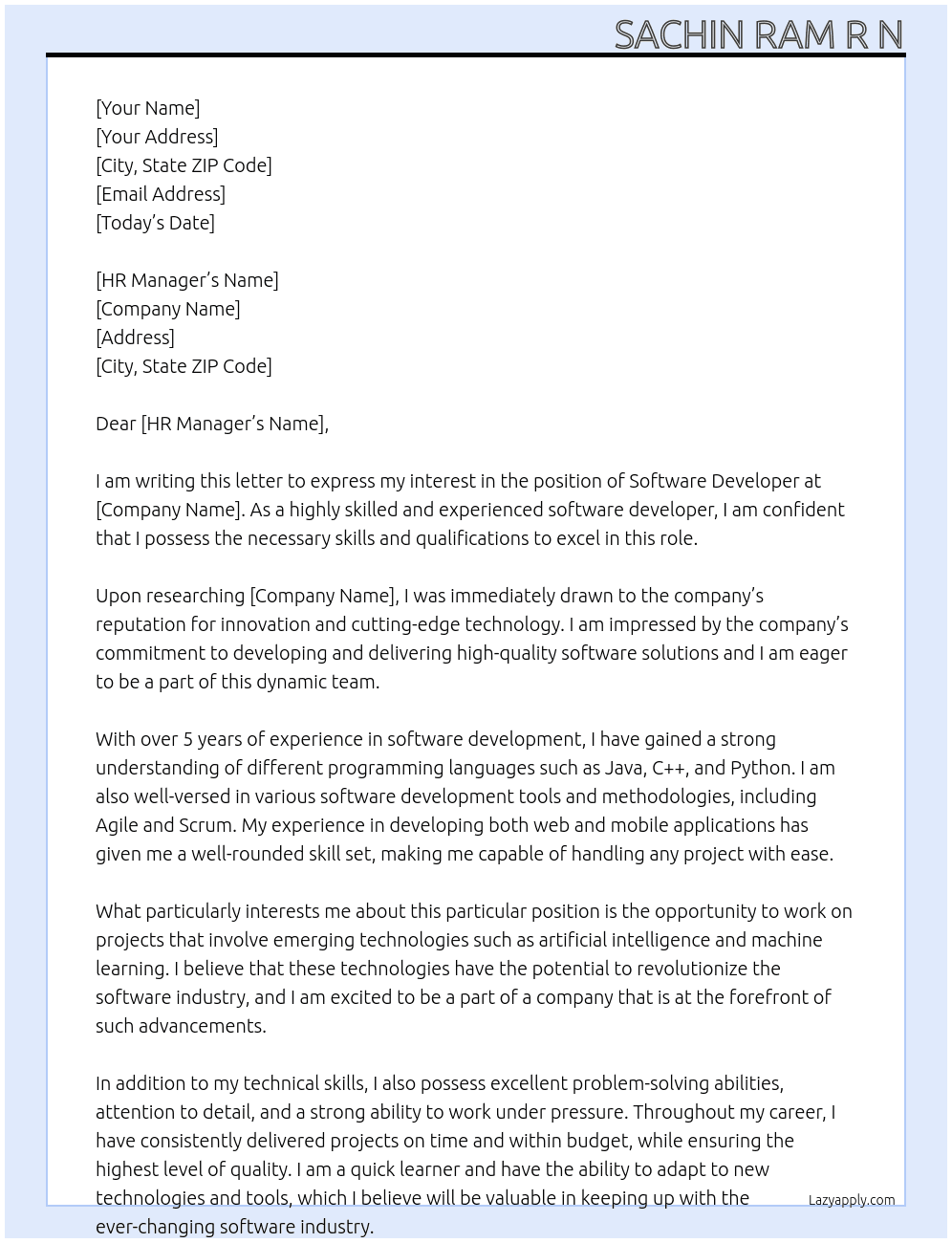Software developer At it companies Cover Letter