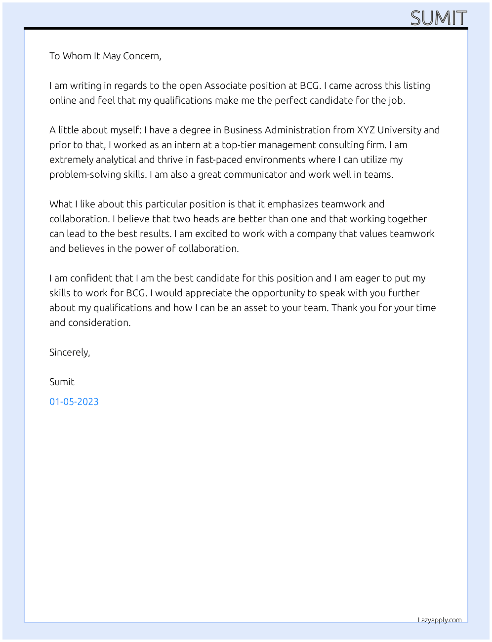 Associate  At BCG Cover Letter