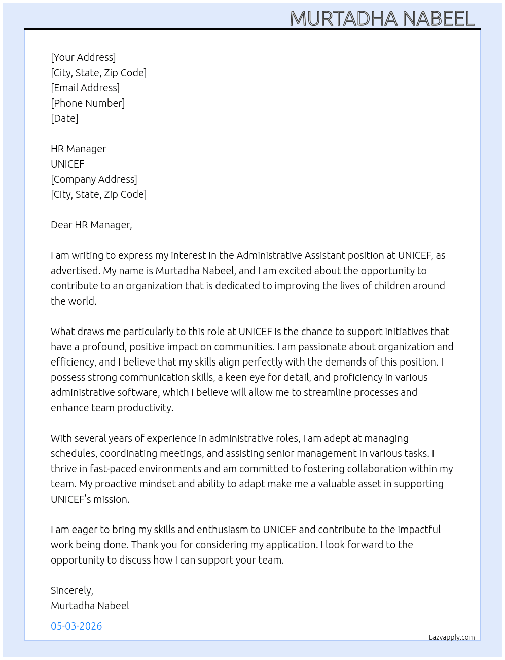 Administrative Assistant At UNICEF Cover Letter