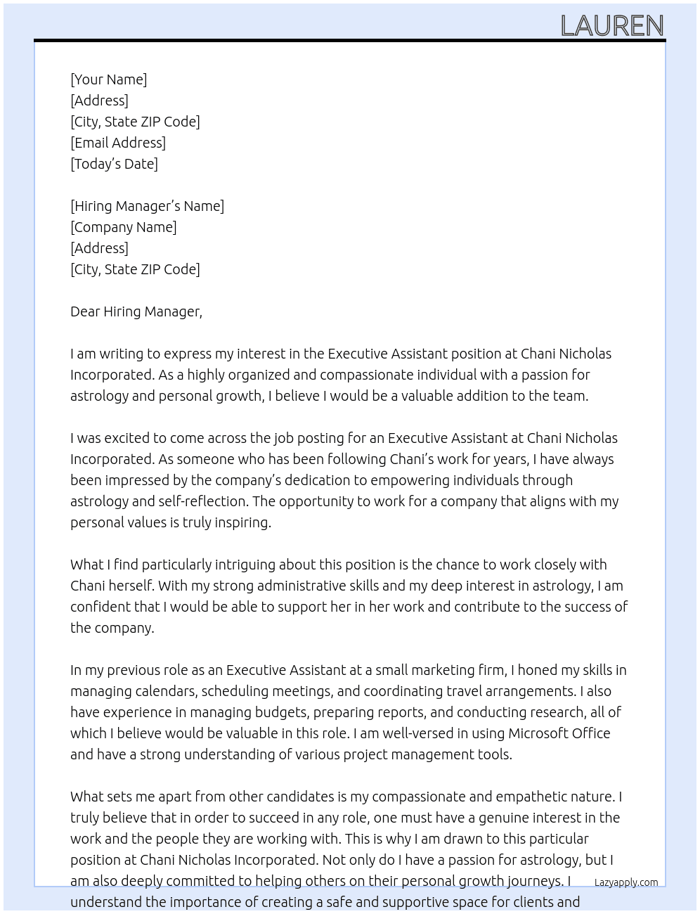 Executive Assistant At Chani Nicholas Incorporated Cover Letter