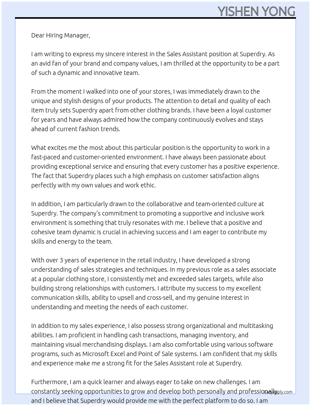 sales assistant At superdry Cover Letter