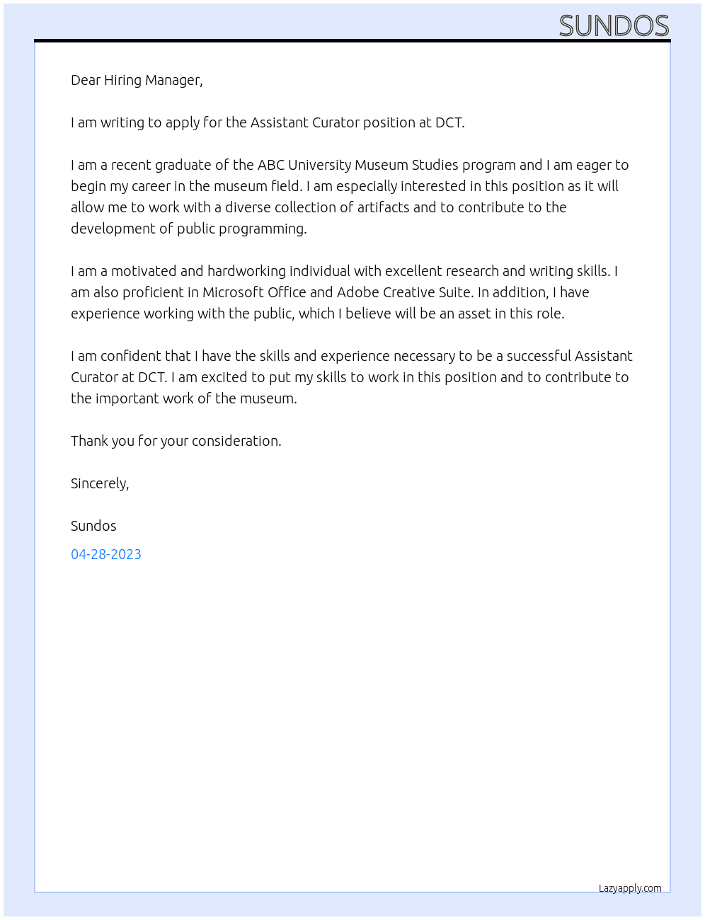 Assistant Curator At DCT Cover Letter