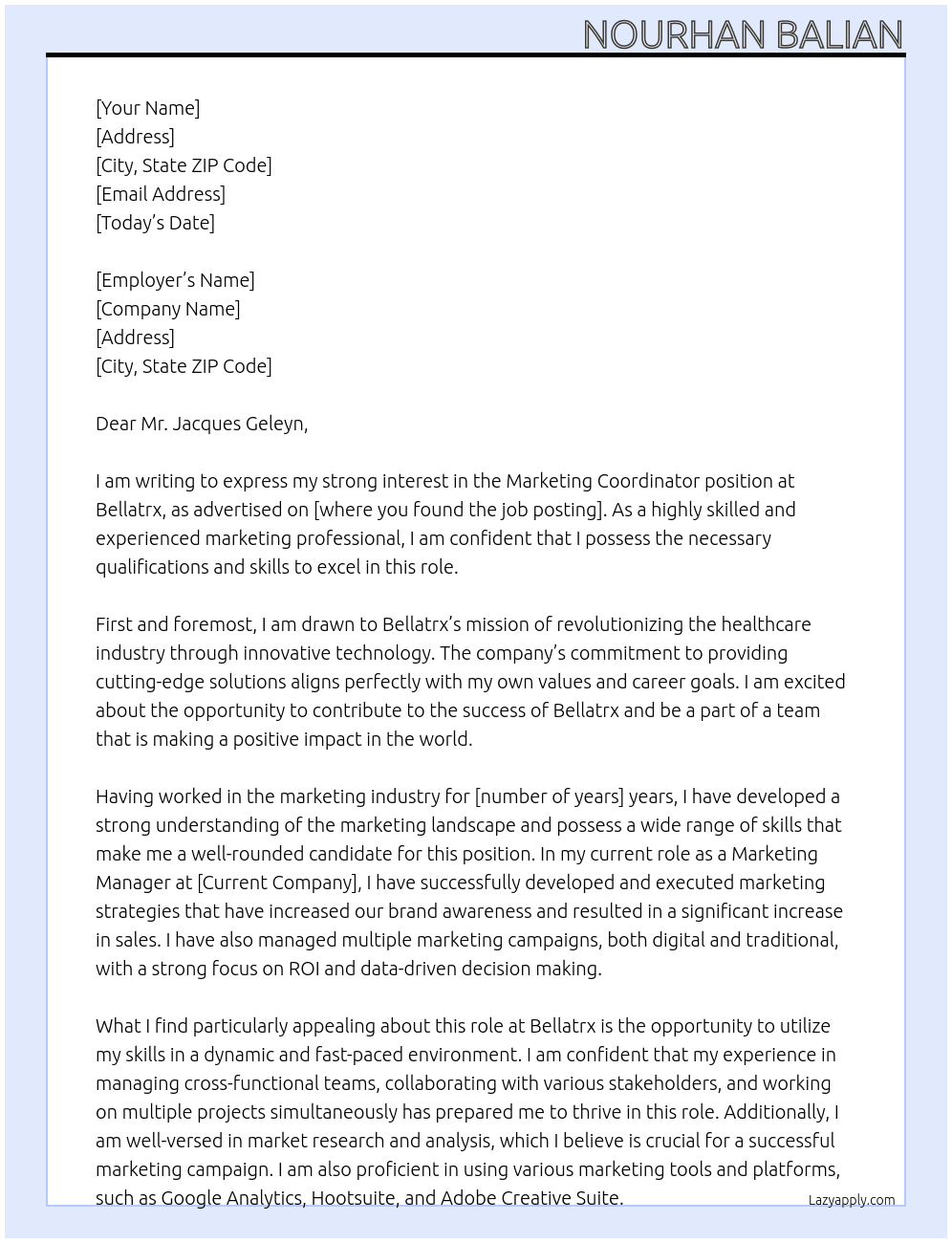 marketing coordinator At bellatrx Cover Letter