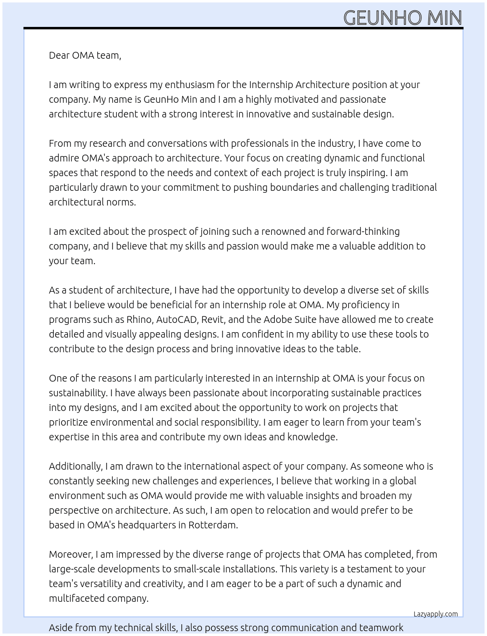 Internship Architecture At OMA Cover Letter