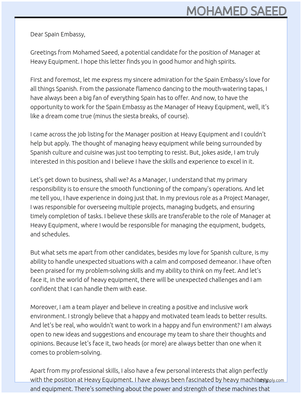 manager At heavy equipment Cover Letter