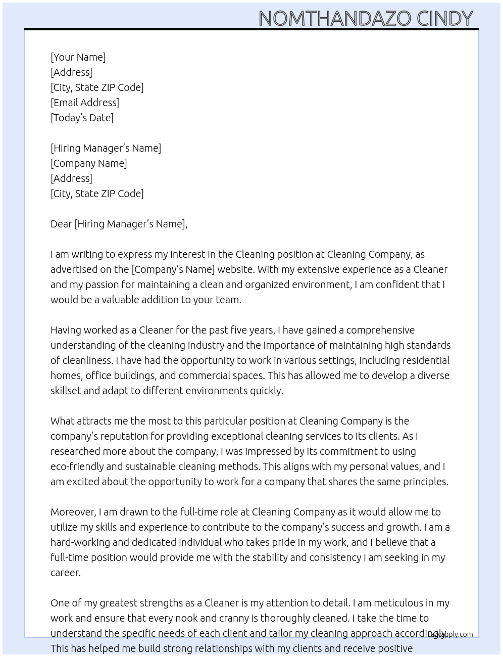 Cleaning At Cleaning company  Cover Letter