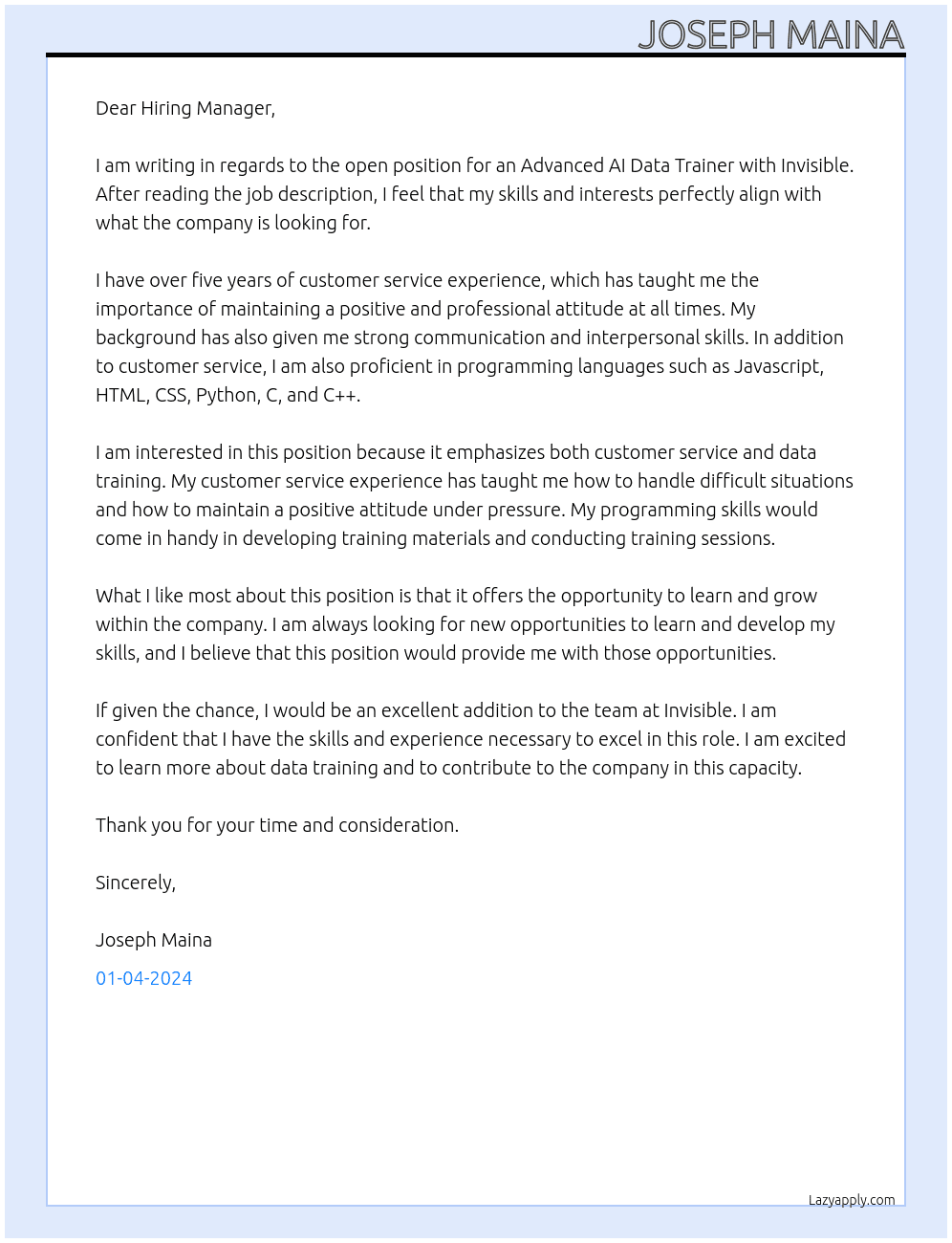Advanced AI Data Trainer At Invisible Cover Letter