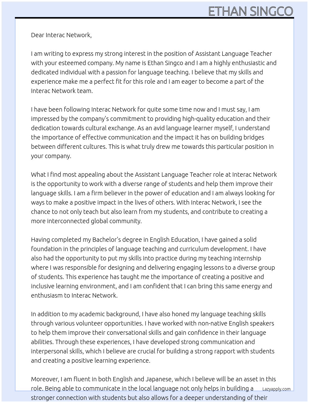 Assisstant Language Teacher At Interac Network Cover Letter