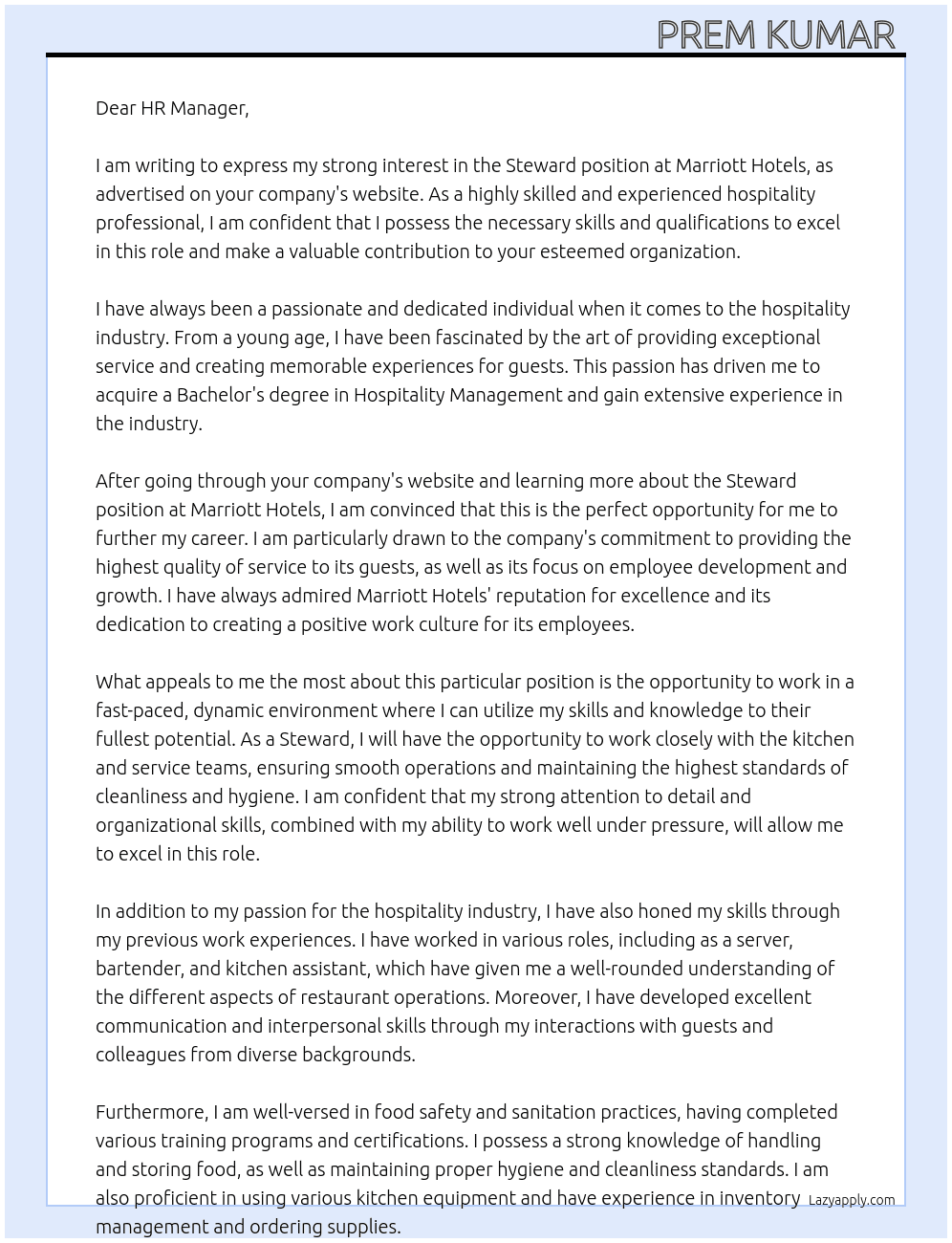 Steward  At MARRIOTT HOTELS Cover Letter