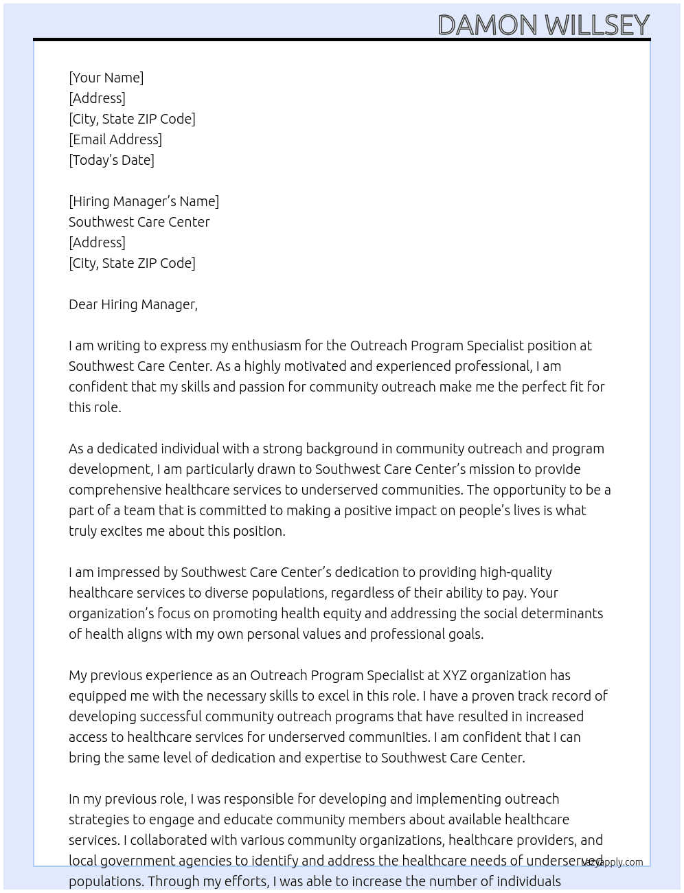 Outreach Program Specialist  At Southwest Care Center Cover Letter