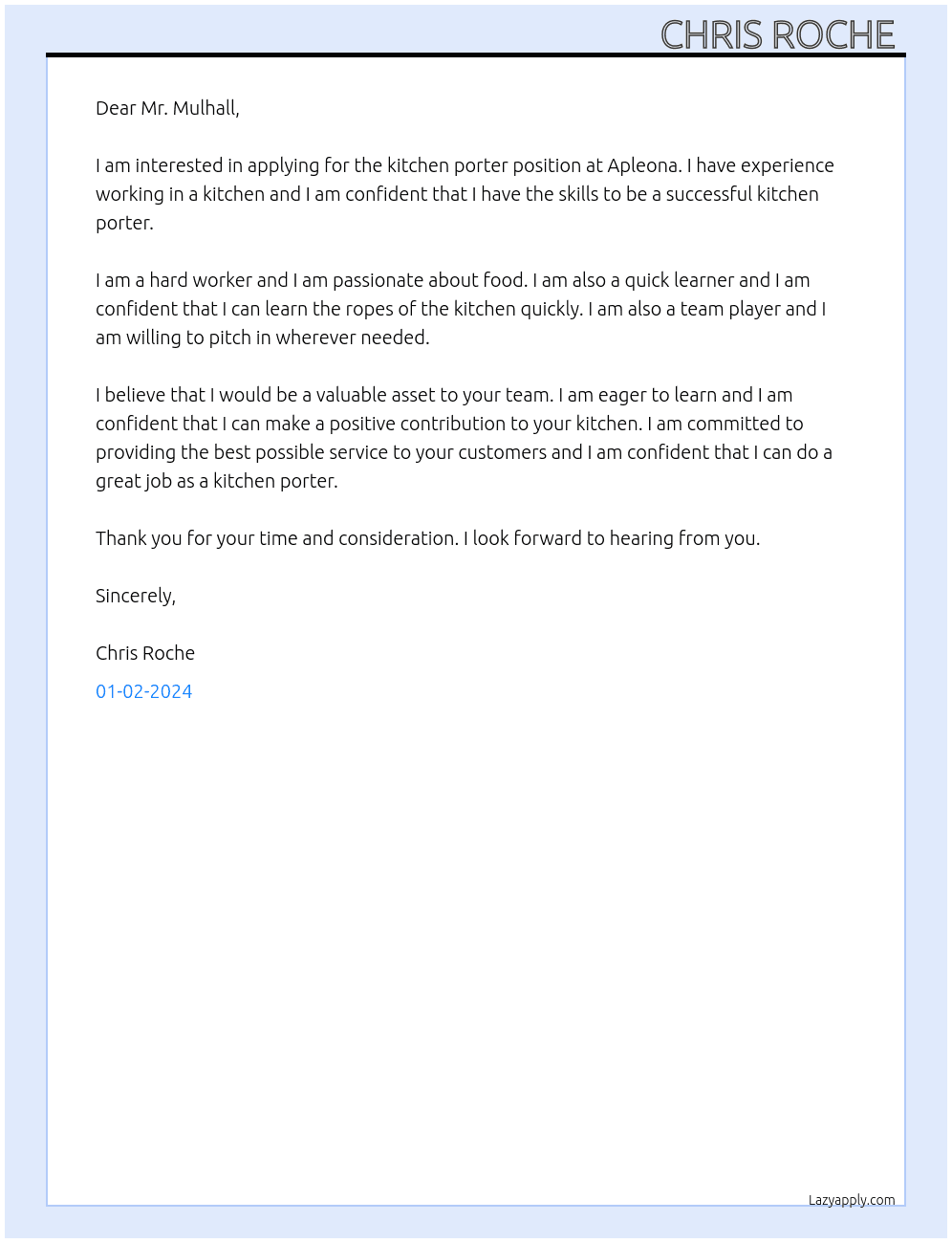 Kitchen porter  At Apleona Cover Letter