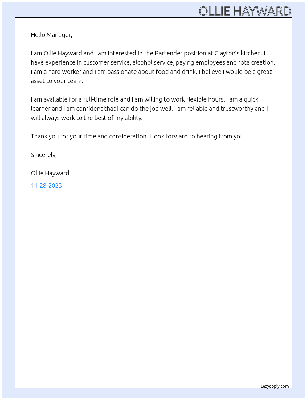 Bartender  At Clayton’s kitchen  Cover Letter