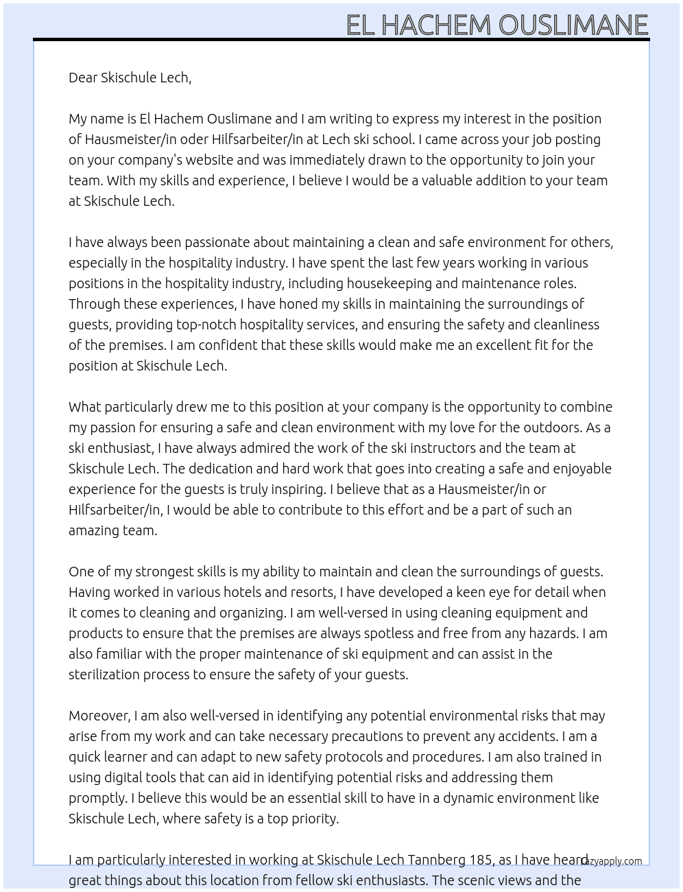 Hausmeister/in oder Hilfsarbeiter/in At Lech ski school Cover Letter