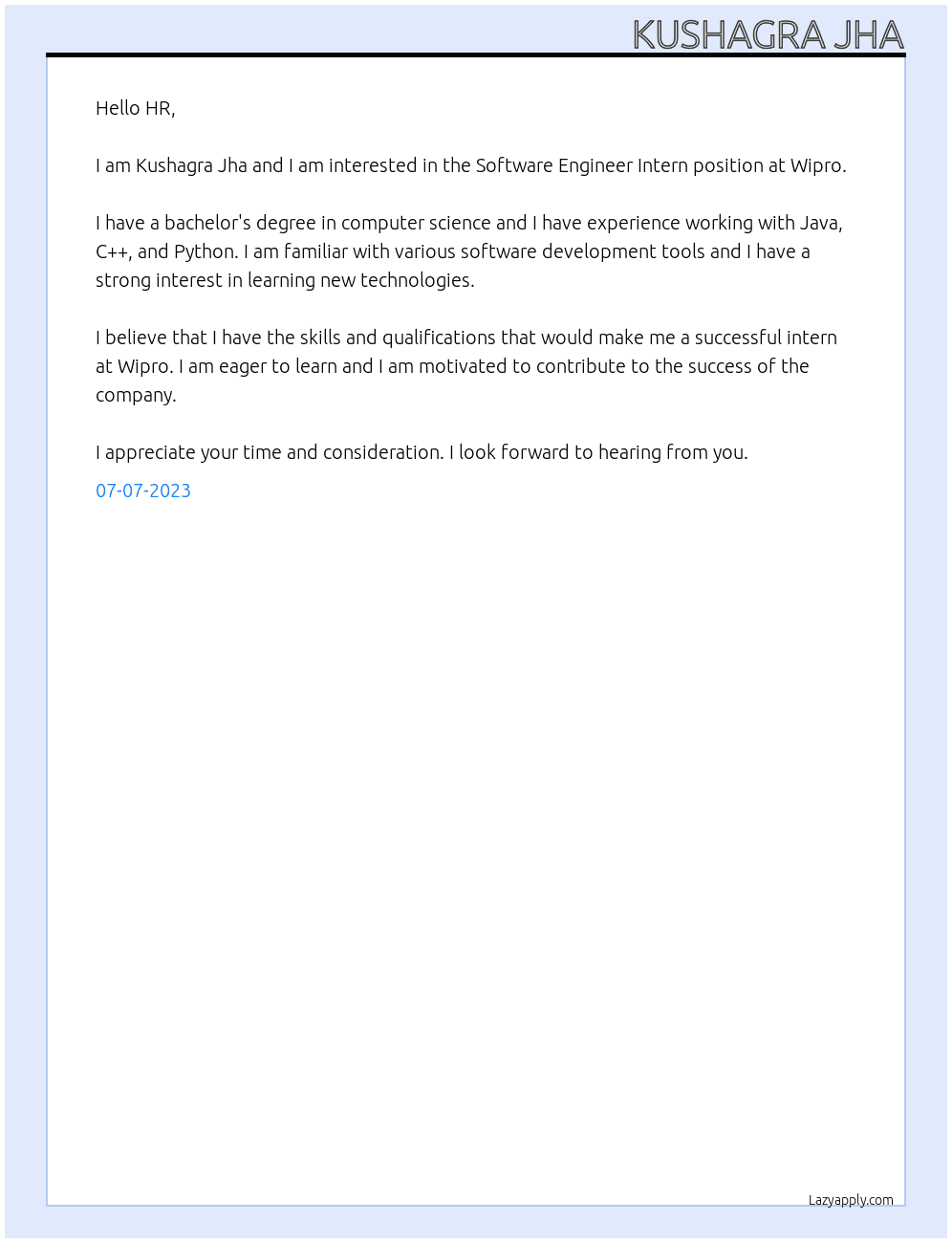 Software Engineer Intern At Wipro Cover Letter