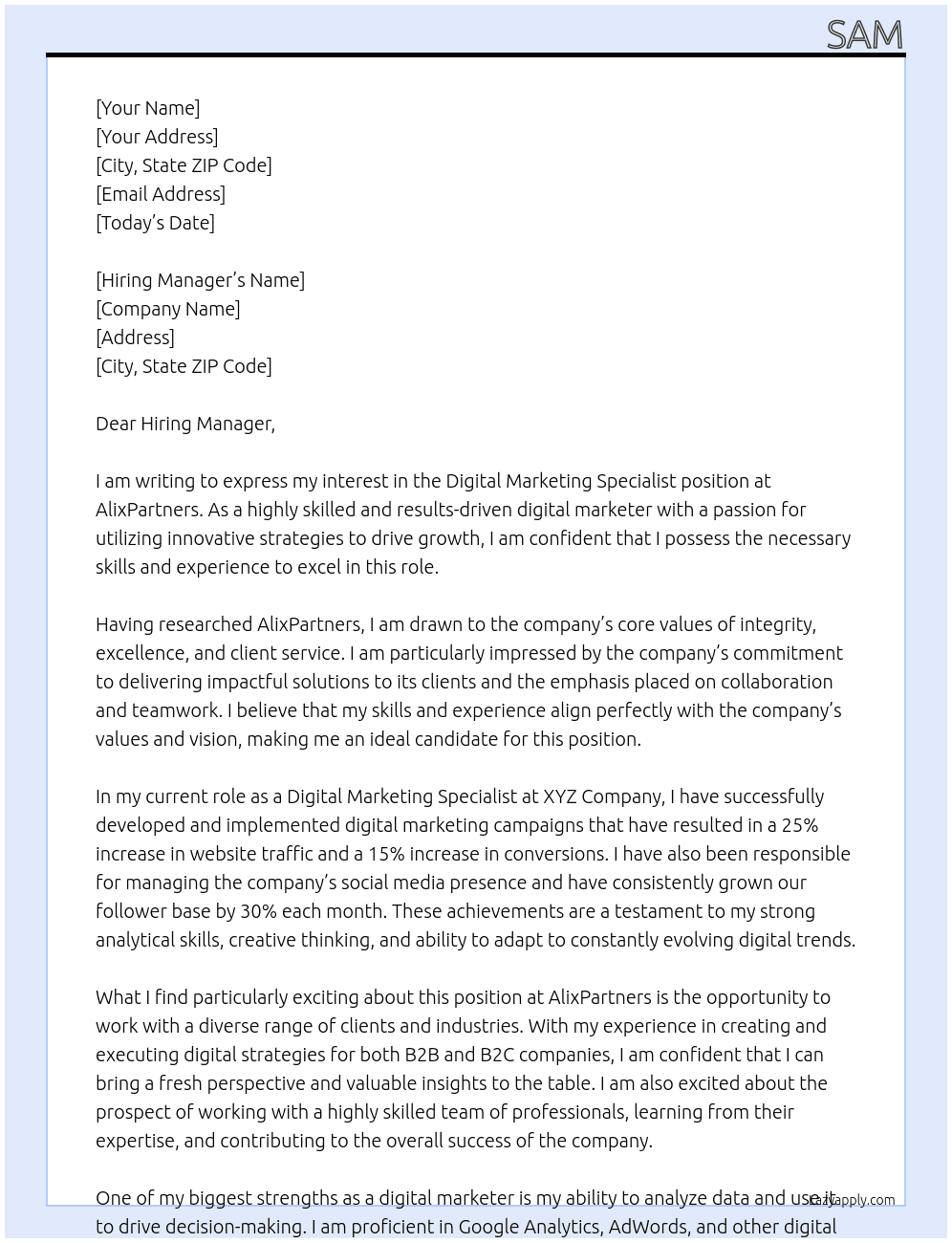 Digital Marketing Specialist At AlixPartners Cover Letter