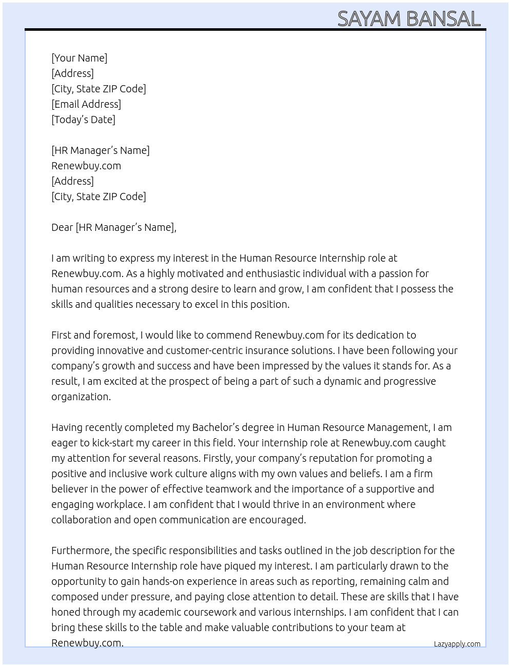 Human resource  At Renewbuy. Com Cover Letter