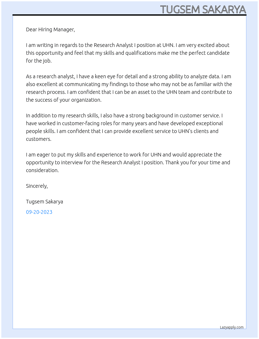 Research Analyst I At UHN Cover Letter