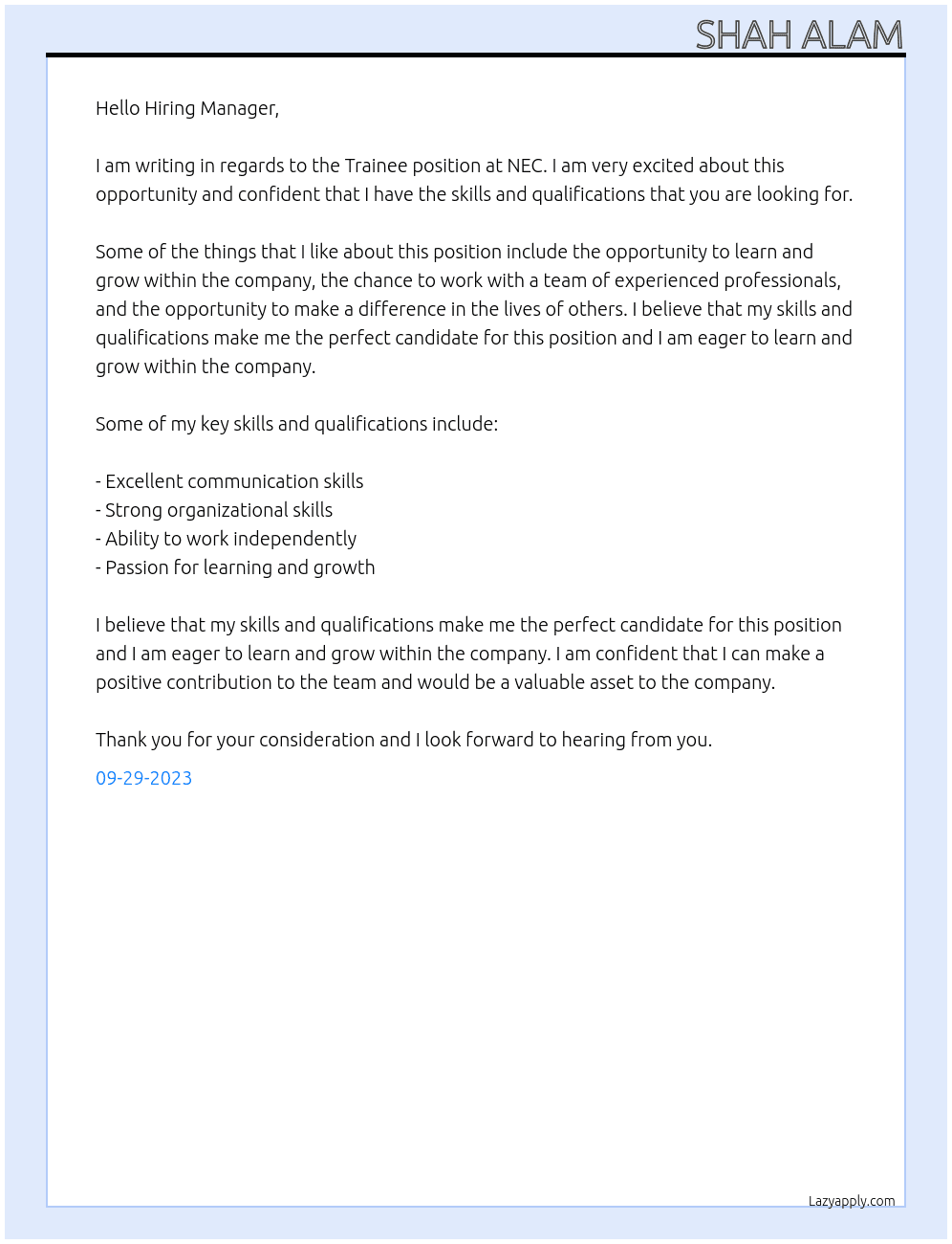 Trainee At NEC Cover Letter