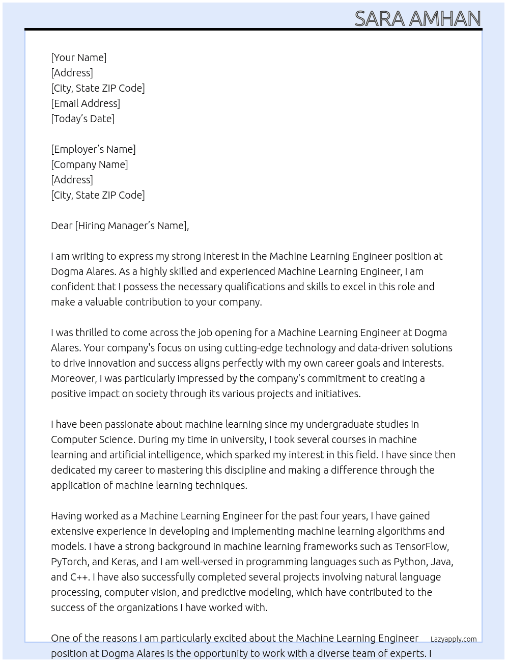 Machine Learning Engineer At Dogma Alares Cover Letter