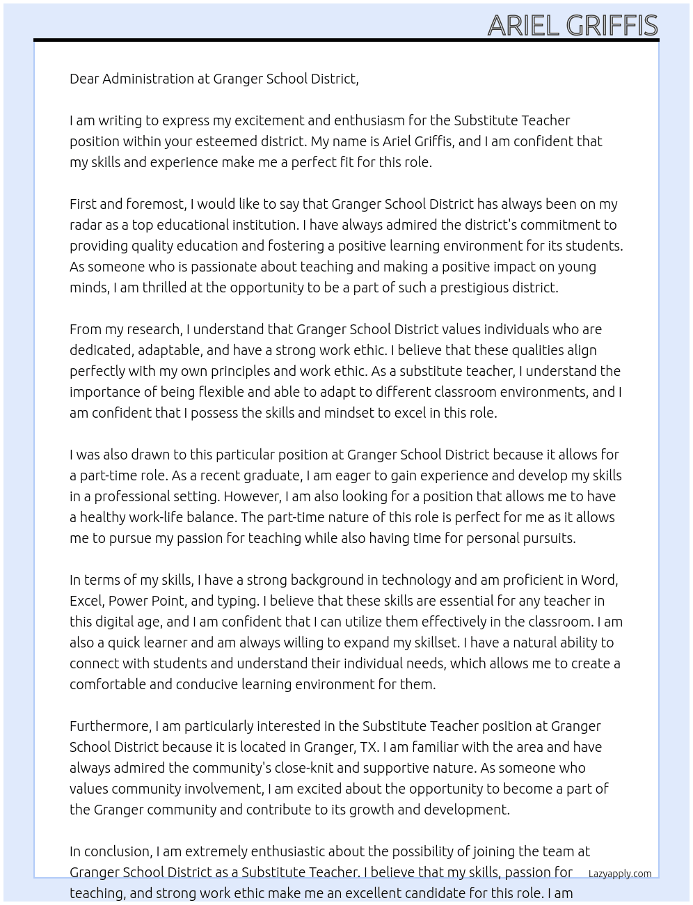 Substitute Teacher At Granger School District Cover Letter