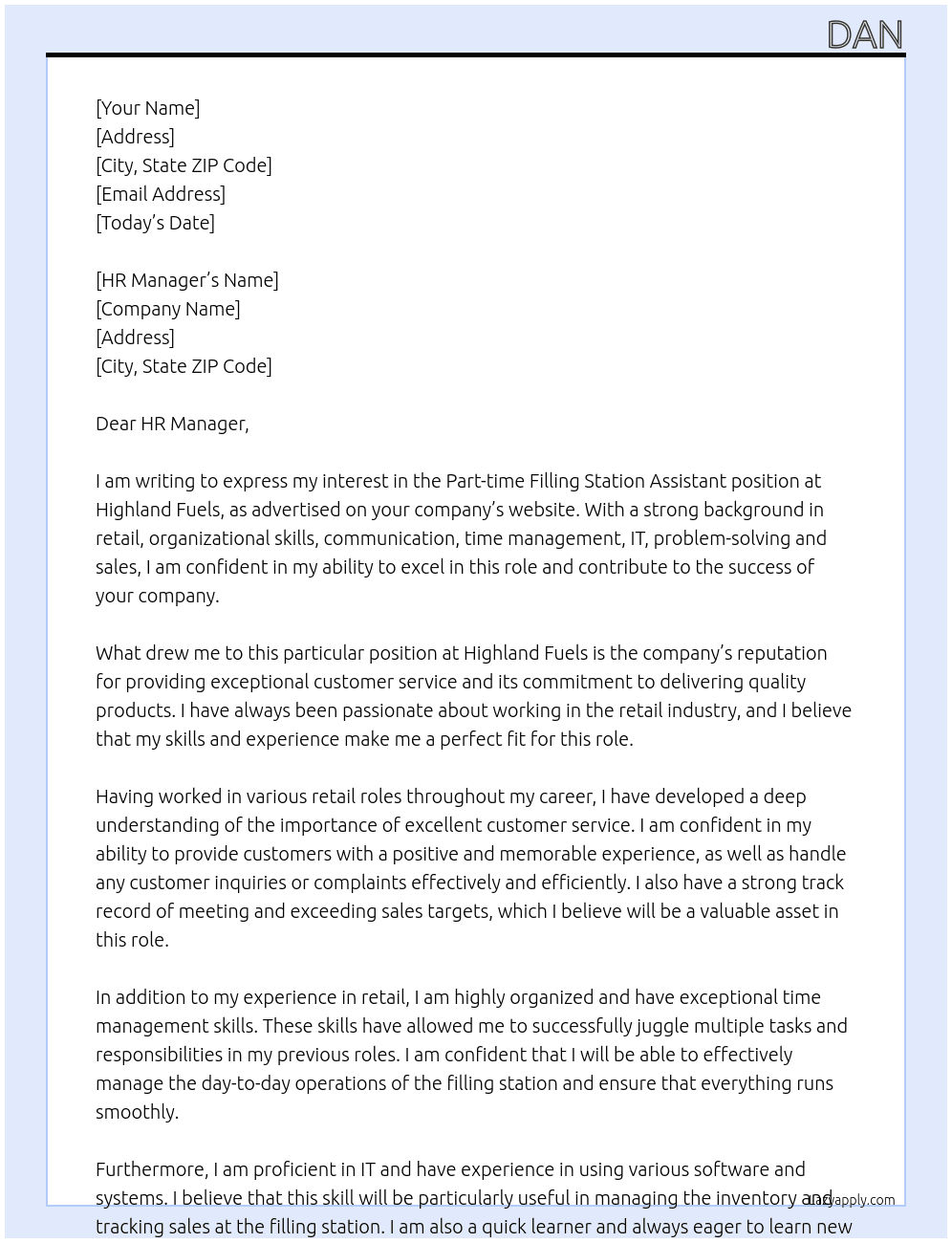 Filling Station Assistant At Highland Fuels Cover Letter