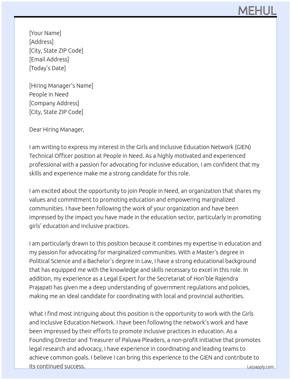 Girls and Inclusive Education Network (GIEN) Technical Officer At People in Need Cover Letter