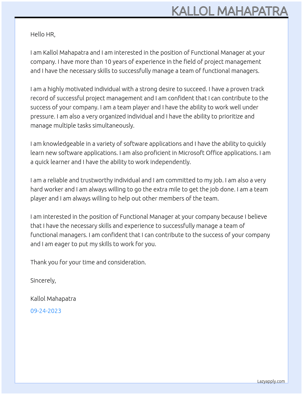 Functional Manager At Functional Manager Cover Letter