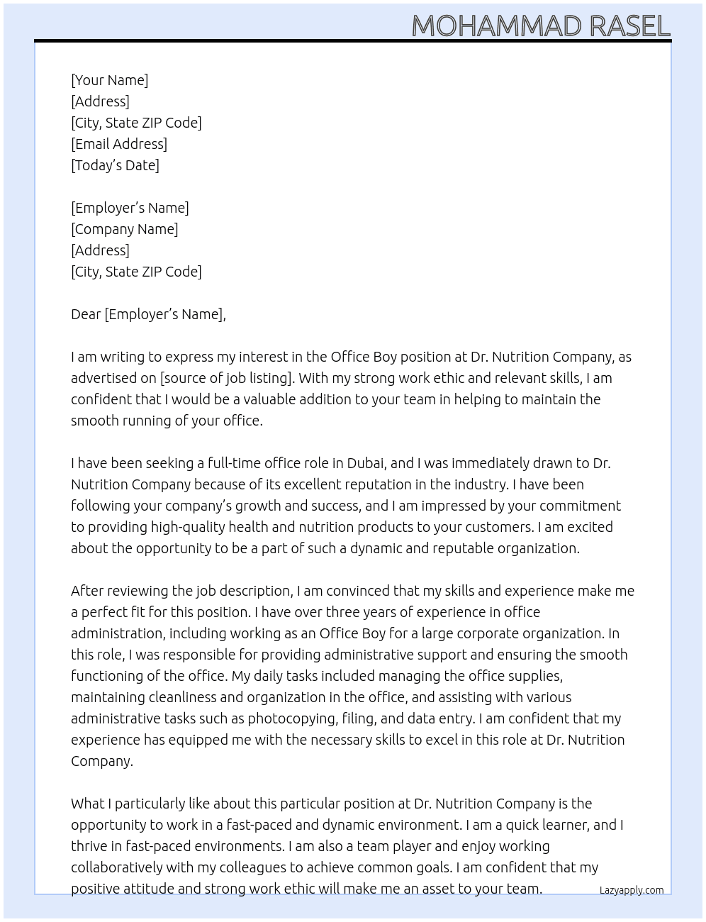 Office boy At Dr. Nutrition Company Cover Letter