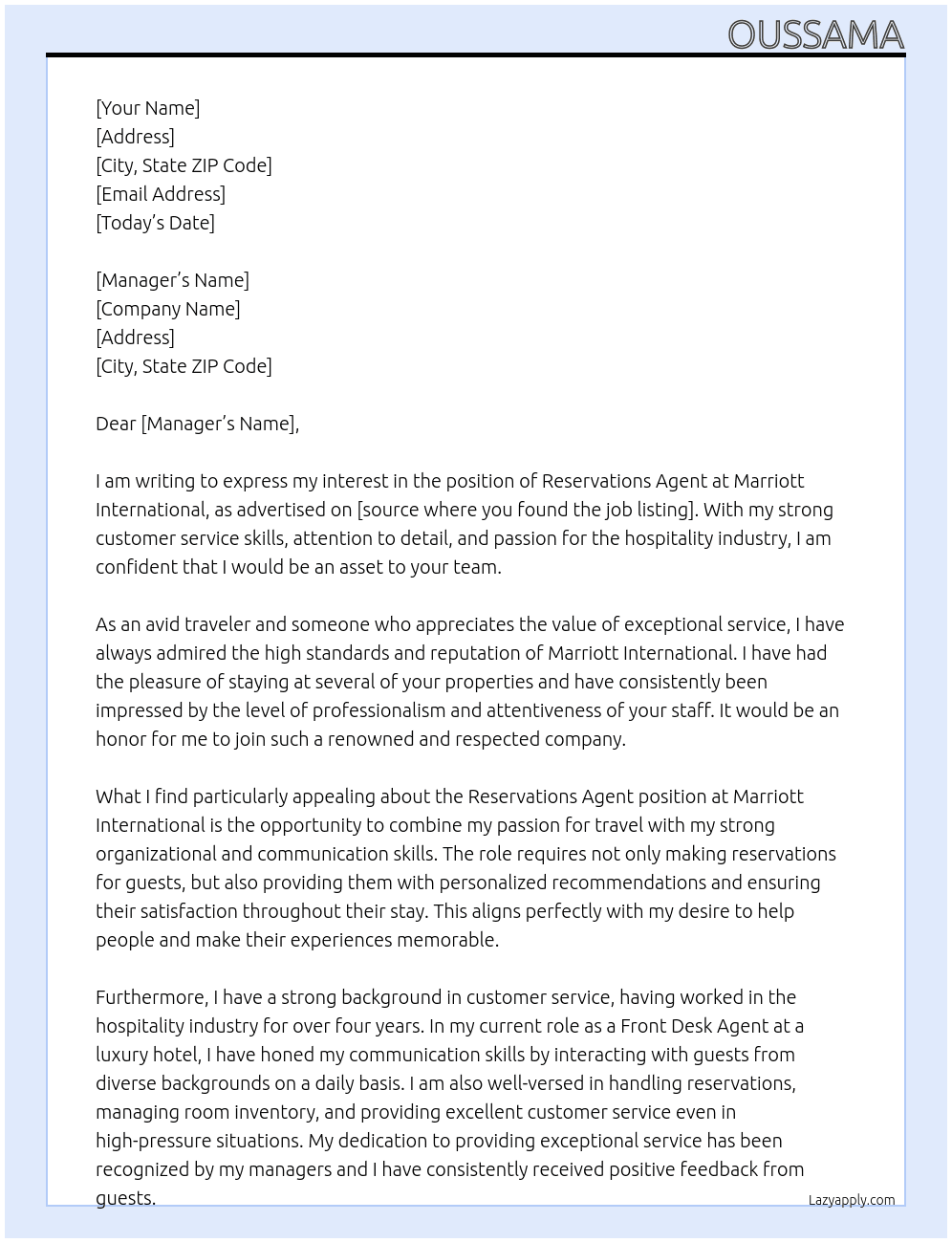 Reservations Agent At Marriott International Cover Letter