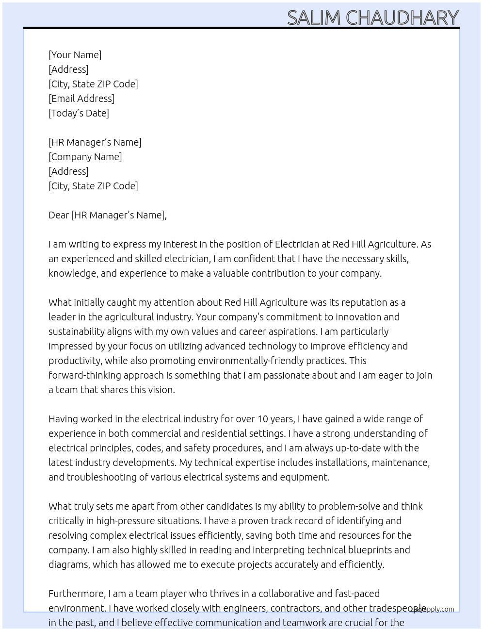 Electrician At Red Hill Agriculture Cover Letter