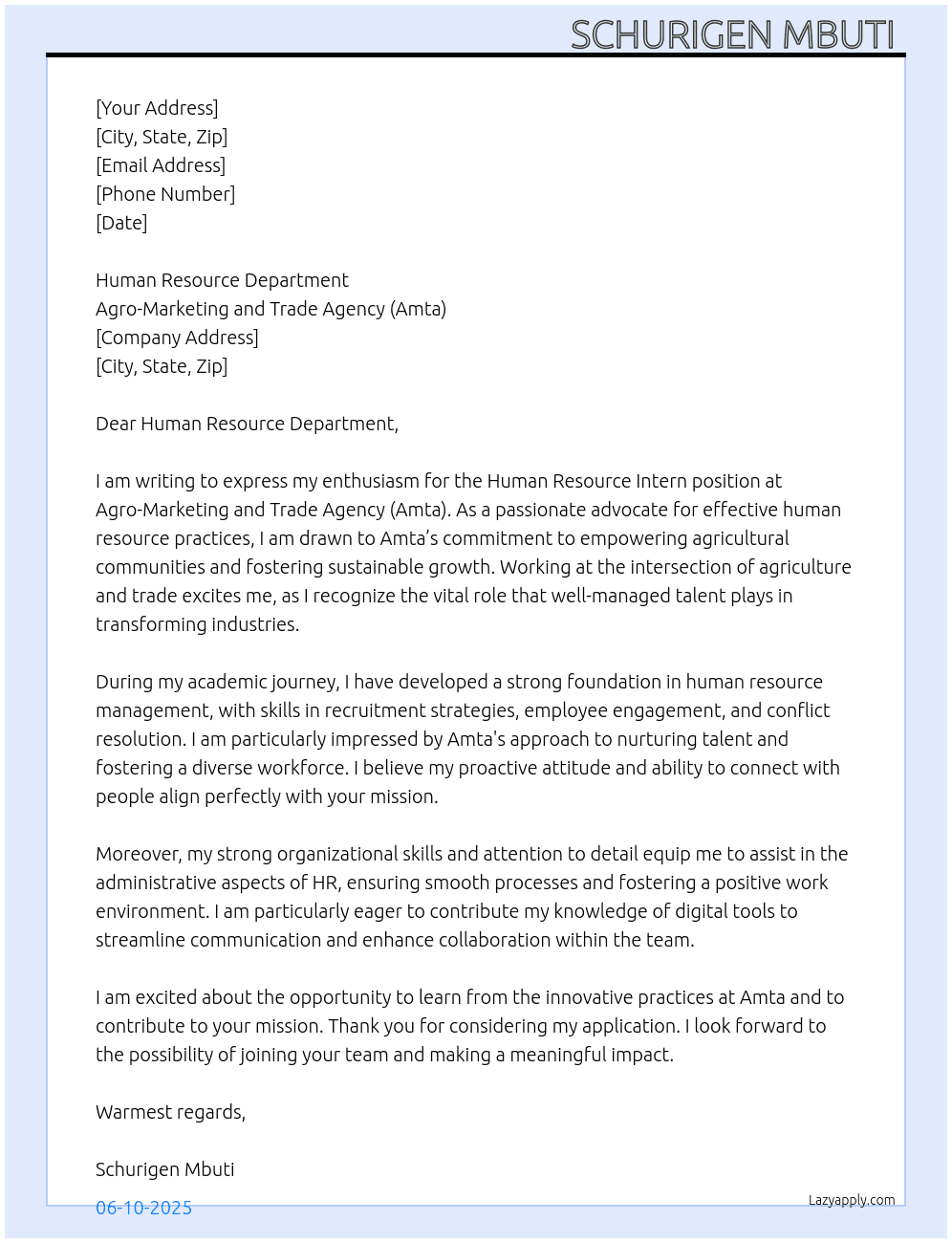 Human Resource Intern At Agro-Marketing and Trade Agency( Amta) Cover Letter