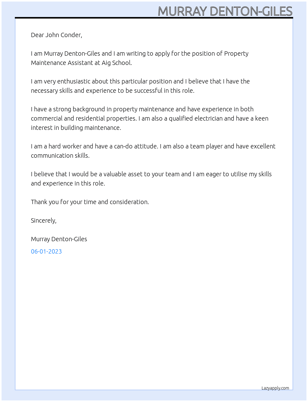 Property Maintenance Assistant At Aig School Cover Letter