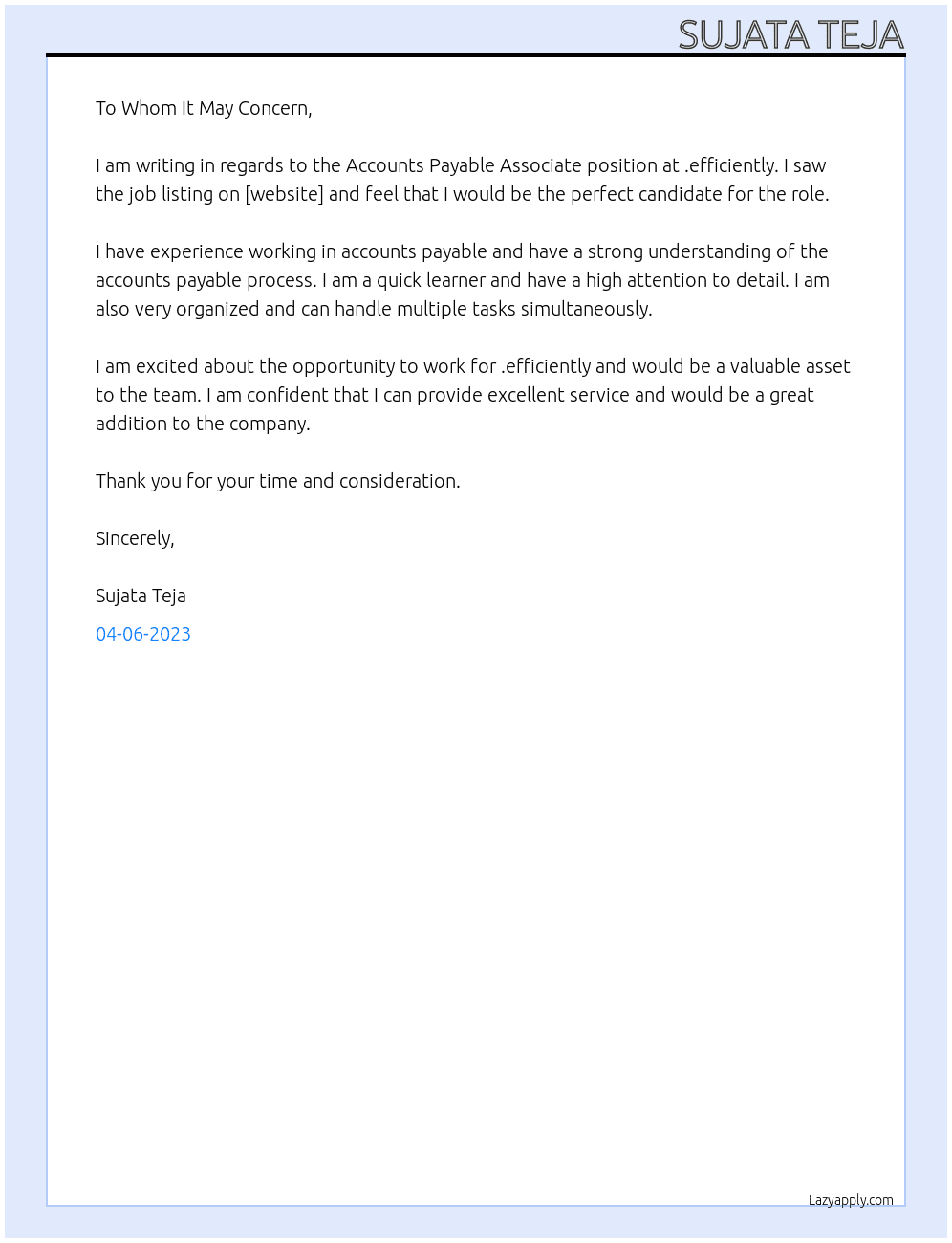 Accounts Payable Associate  At .efficiently Cover Letter
