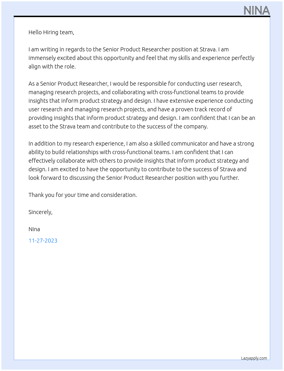 Senior Product Researcher At Strava Cover Letter
