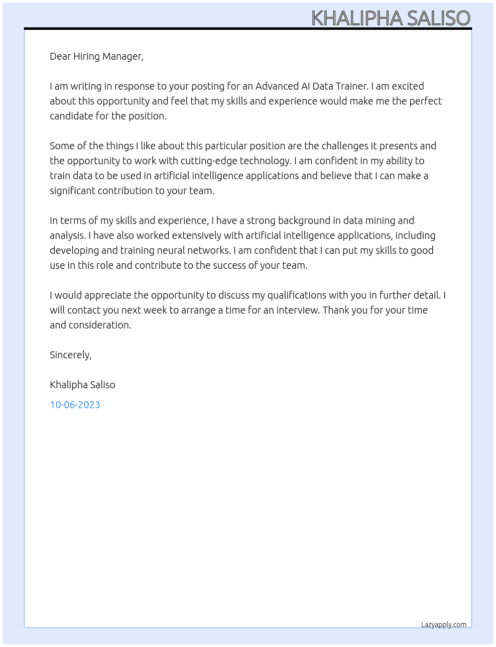 Advanced AI Data Trainer At Invisible Technology Cover Letter