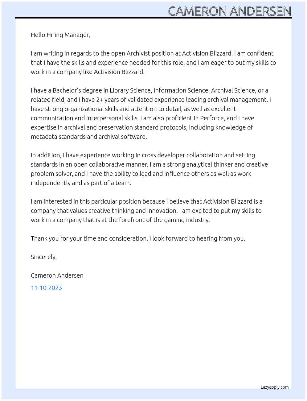 archivist At Activision Blizzard Cover Letter